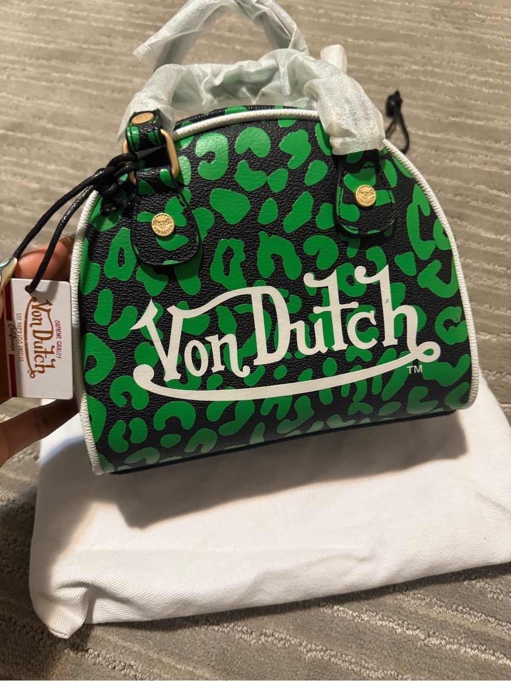 Von Dutch Green Leopard Print Dome Satchel